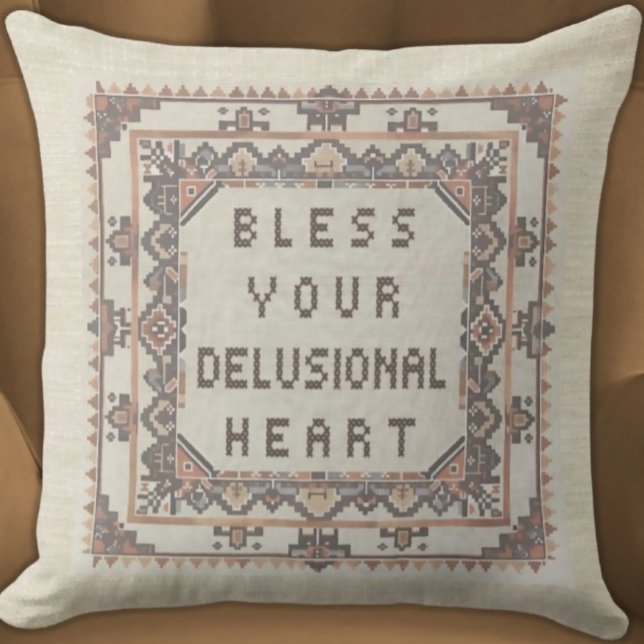 Coussin Bénissez Votre Coeur Délicat - Faux Drôle (Bless Your Delusional Heart
Funny Faux Needlepoint Embroidered Pillow Neutral Colors Aztec Border)