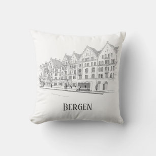 Coussin Bergen Norvège Streetscape Belle ligne de dessin