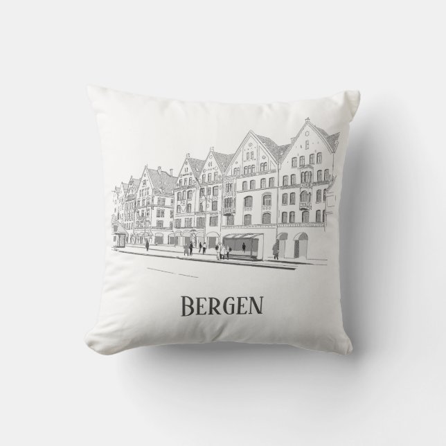 Coussin Bergen Norvège Streetscape Belle ligne de dessin (Recto)