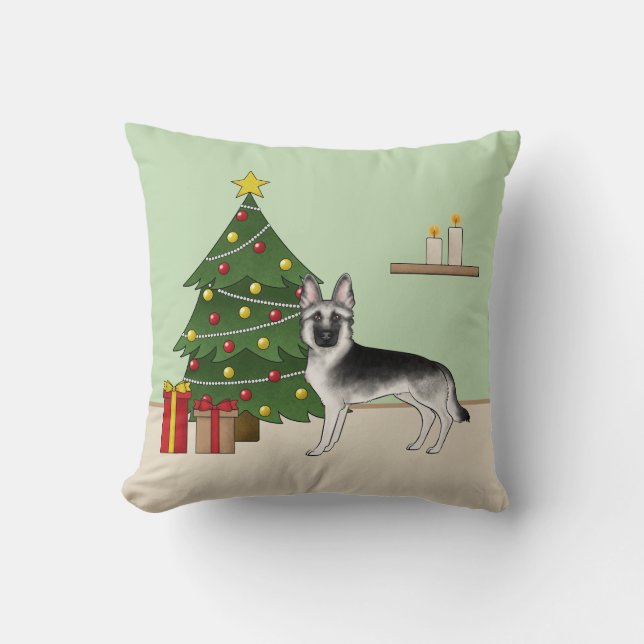 Coussin Berger Allemand Gris Argent Arbre de Noël Festif d (Recto)