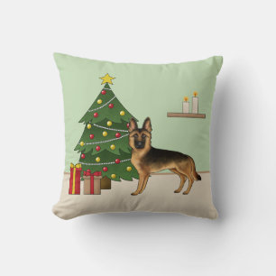 Coussin Berger Allemand Noir et Feu et un Arbre de Noël