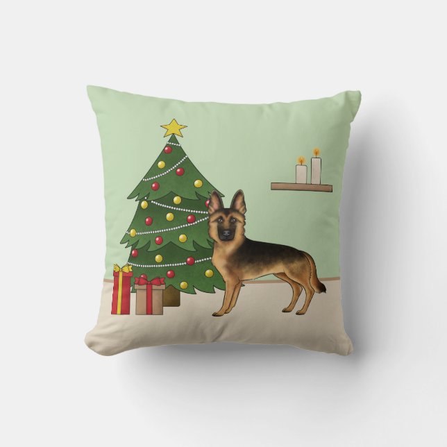 Coussin Berger Allemand Noir et Feu et un Arbre de Noël (Recto)