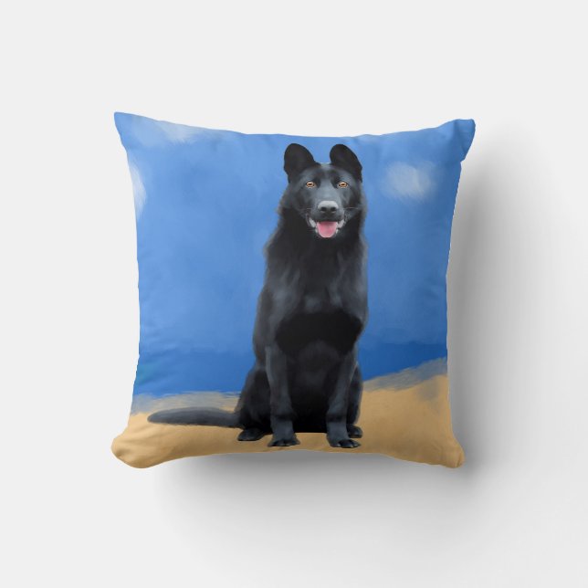 Coussin Berger Allemand Noir Sur La Plage (Recto)
