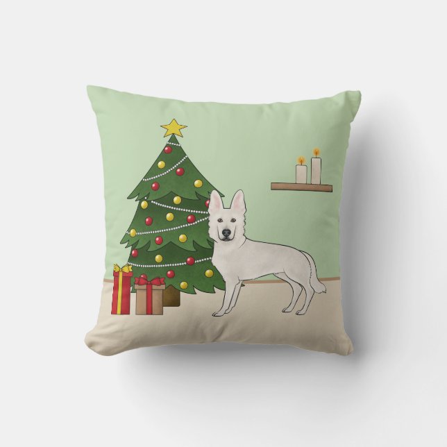 Coussin Berger Blanc Suisse Blanc GSD Sapin de Noël (Recto)