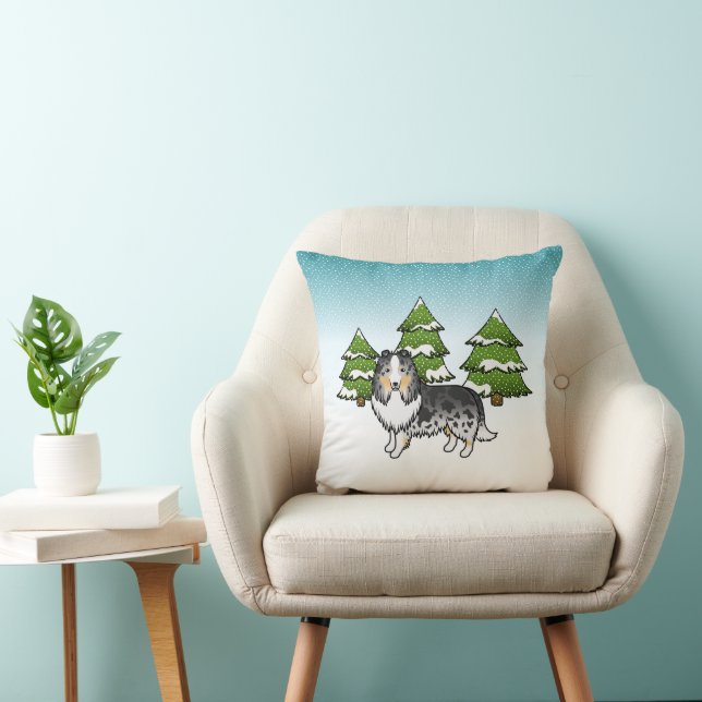 Coussin Berger des Shetland Blue Merle Dans une Forêt d'Hi (Chaise)