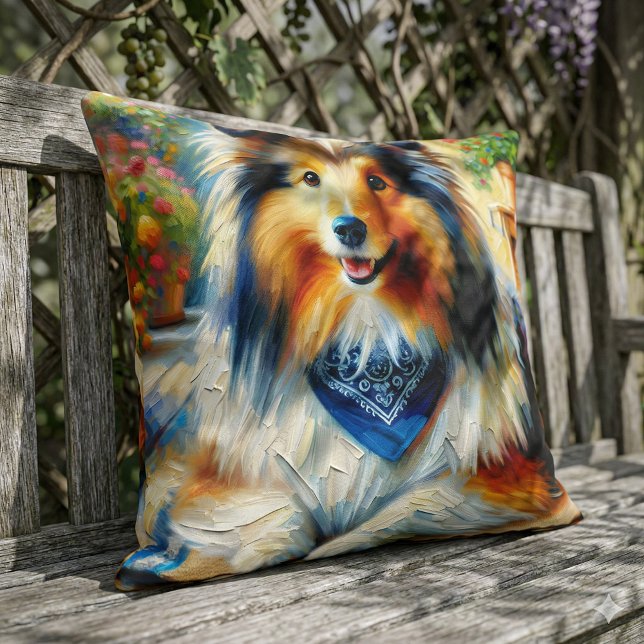 Coussin Berger des Shetland dans une scène de jardin de co (Shetland Sheepdog in Cottage Garden Scene Throw Pillow Mockup A)