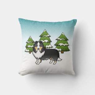 Coussin Berger des Shetland tricolore dans une forêt hiver