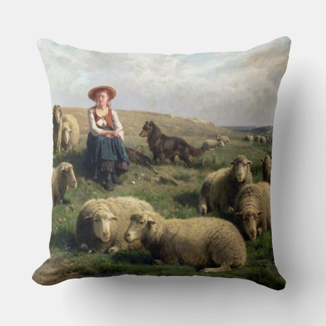 Coussin Bergère avec des moutons dans un paysage (Recto)