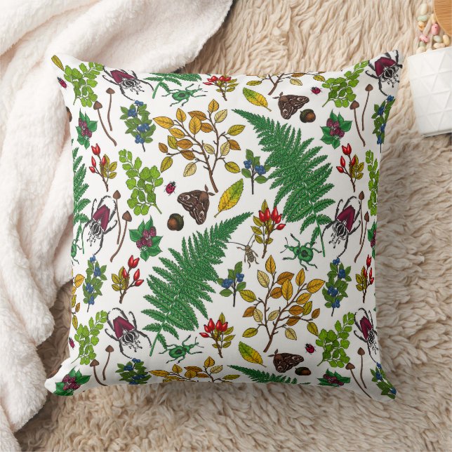 Coussin Berries forestières, feuilles et buissons sur blan (Couverture)