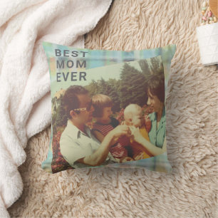 Coussin Best Mom Ever personnalisé photo keepsaké plaid pa