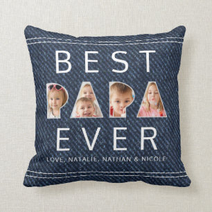 Coussin BEST PAPA EVER 3 Collage de photos Faux Denim
