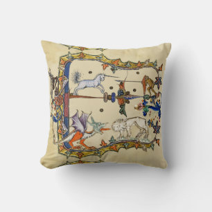 COUSSIN BESTIAIRE MÉDIÉVAL LARGE, UNICORN COMBATTRE LUNETT