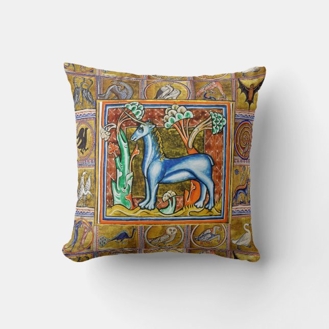 COUSSIN BESTIAIRE MÉDIÉVAL, UNICORNE, ANIMAUX FANTASTIQUES (Recto)