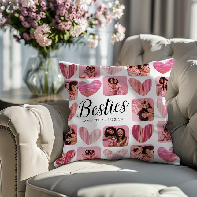 Coussin Besties Cute Rose Hearts & Photo Collage Motif (Créateur téléchargé)