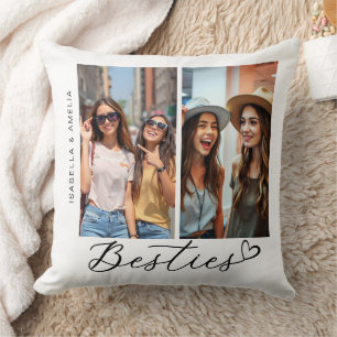 Coussin Besties Deux Photos Calligraphie Script Coeur BFF