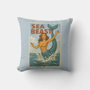 Coussin Bête marine rétro sirène   Drôle de plage côtière 