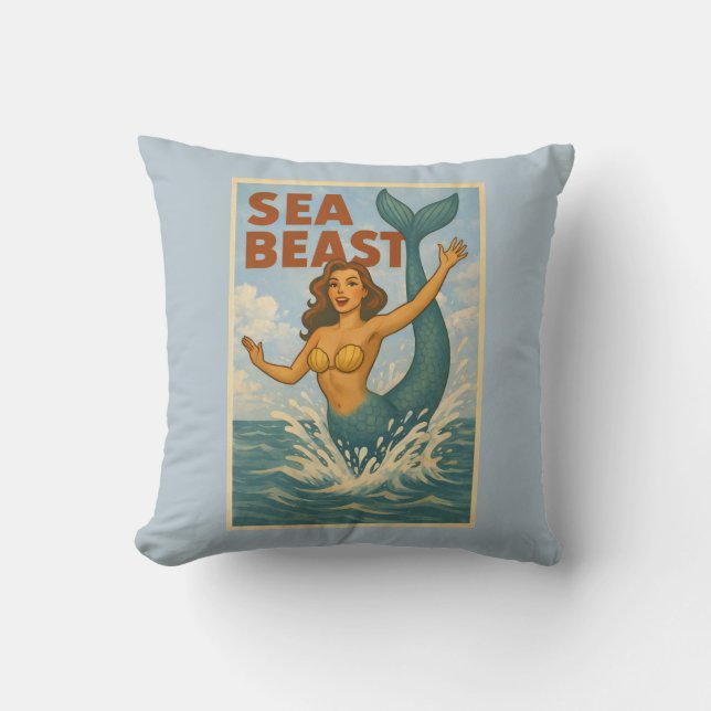 Coussin Bête marine rétro sirène | Drôle de plage côtière  (Recto)