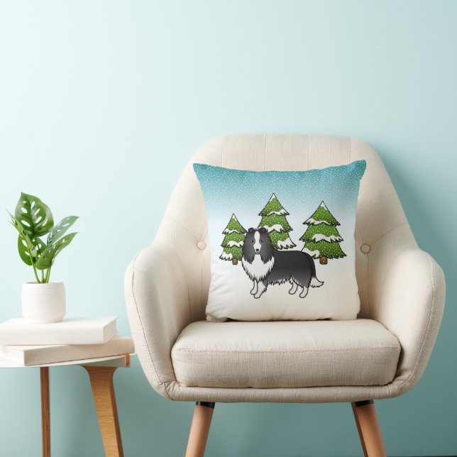 Coussin Bi-Black Shetland Sheepdog Dans une forêt hivernal (Chaise)