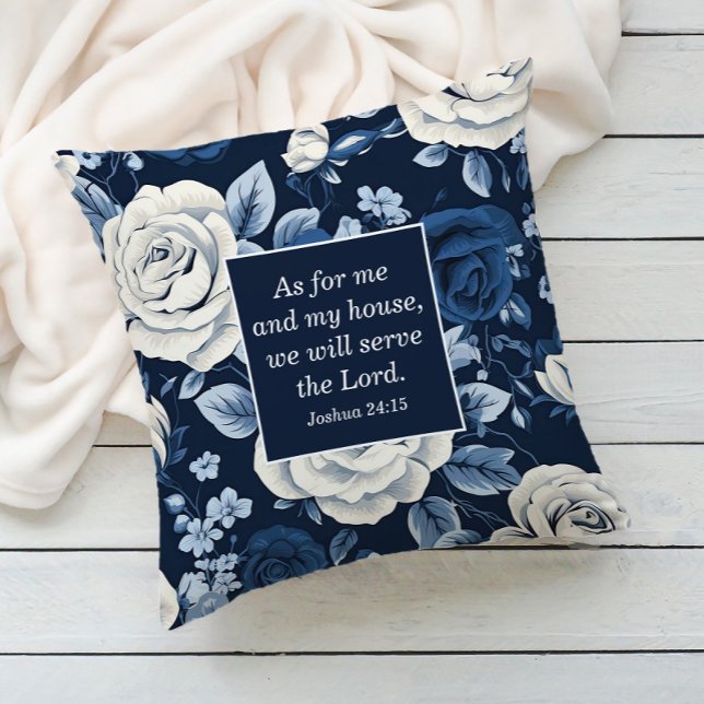 Coussin Bible Verse Floral Bleu Blanc Chrétien  (Navy blue white floral Christian Bible verse decorator pillow)