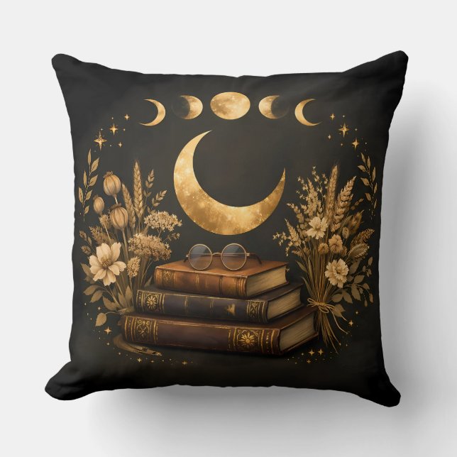 Coussin Bibliothèque Mystique Dorée & Art Botanique Boho d (Recto)