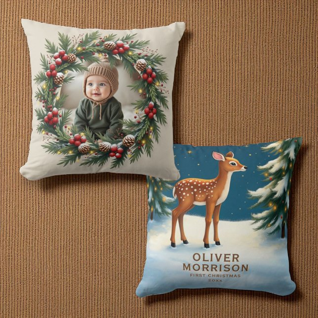 Coussin Biche de premier Noël personnalisée en forêt  (Créateur téléchargé)