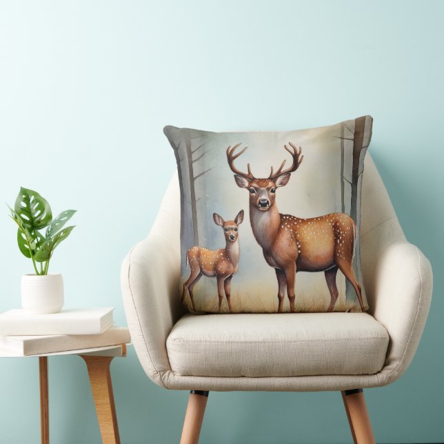 Coussin Biche et Faon dans un Paysage Boisé Lumineux (Chaise)