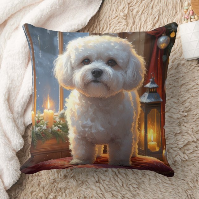 Coussin Bichon Frise avec lumières de Noël vacances (Couverture)