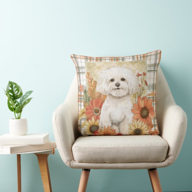 Coussin Bichon Frise Chien Automne Aquarelle Fleurs (Chaise)