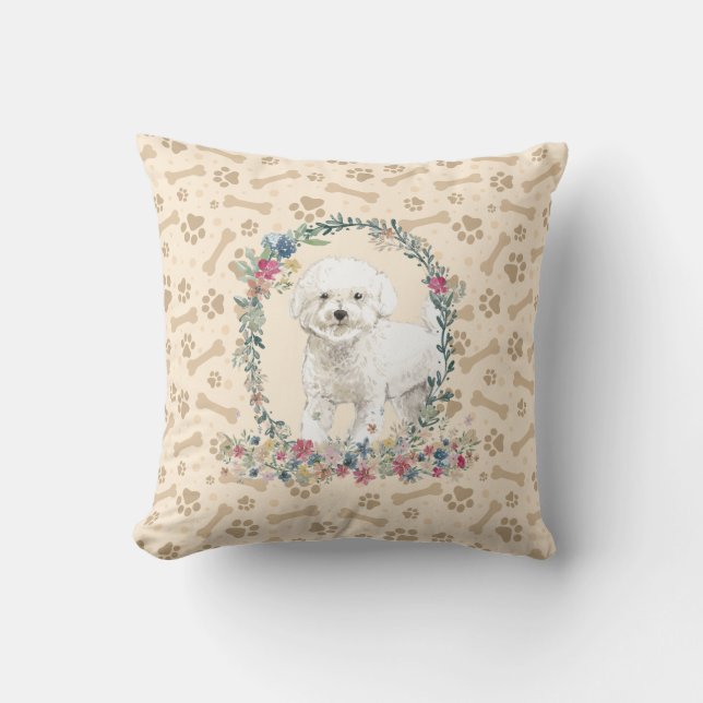 Coussin Bichon Frise Chien Empreinte de patte & Floral Cut (Recto)