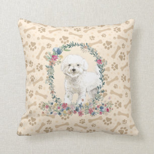 Coussin Bichon Frise Chien Empreinte de patte & Floral Cut
