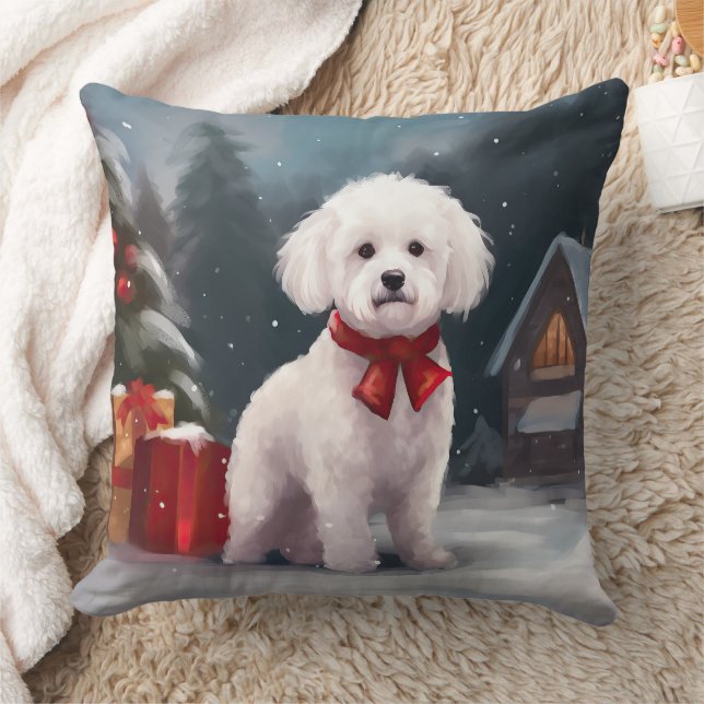 Coussin Bichon Frise dans la neige à Noël  (Couverture)