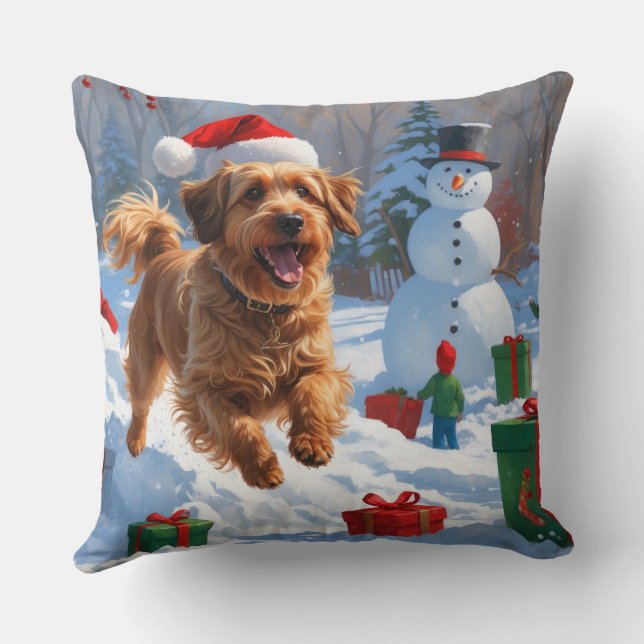 Coussin Bichon Havanais courant dans la neige avec un chap (Verso)