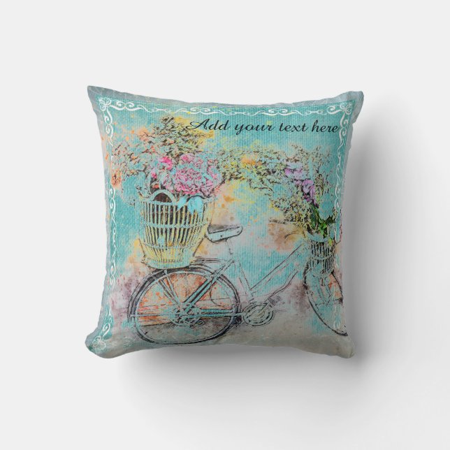 Coussin Bicycle with flower baskets on blue burlap (Recto)