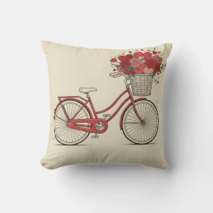Coussin Bicyclette rouge rétro avec fleurs et cœurs Art fl