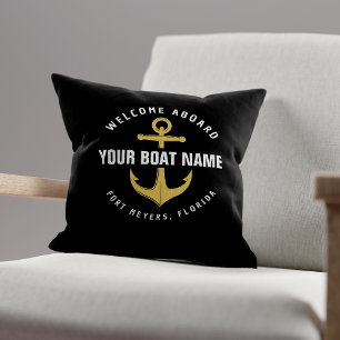 Coussin Bienvenue à bord Bateau Ancre Nautione Noir & Or