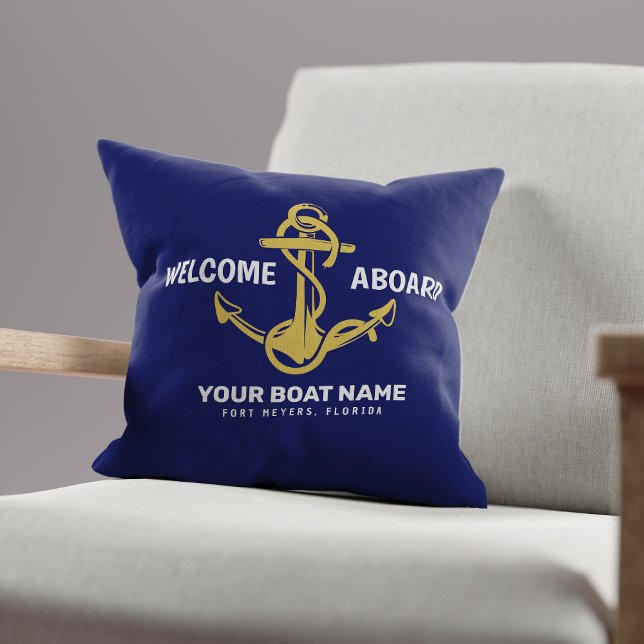 Coussin Bienvenue à bord Bateau Nom Bleu Nautique Or (Créateur téléchargé)