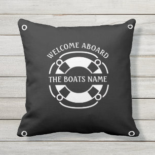 Coussin Bienvenue à bord des bateaux Nom Nautique Blanc et