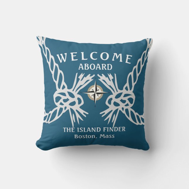 Coussin Bienvenue à bord des bateaux Nom Ocean Blue White  (Recto)