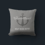 Coussin Bienvenue à bord du nom de bateau Gris Ancre nauti<br><div class="desc">Un coussin nautique avec le nom de votre bateau et le message "Welcome Aboard" dans les tons blanc et gris. Ajoutez simplement le nom de votre bateau, ajoutez ce coussin à votre panier et profitez de cette pièce de décoration. Bienvenue à bord Nom du bateau Gris Ancre Nautique Coussin extérieur...</div>
