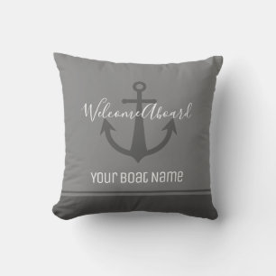 Coussin Bienvenue à bord du nom de bateau Gris Ancre nauti