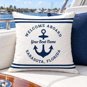 Coussin Bienvenue à bord nom de bateau blanc nautique