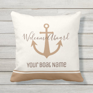 Coussin Bienvenue à bord Nom de bateau Crème Ancre nauti