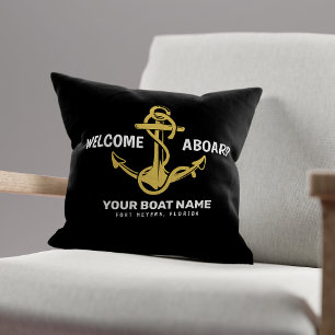 Coussin Bienvenue à bord Nom de bateau nautique noir et or