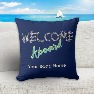 Coussin Bienvenue à bord Nom du bateau Dark Navy Bleu Naut