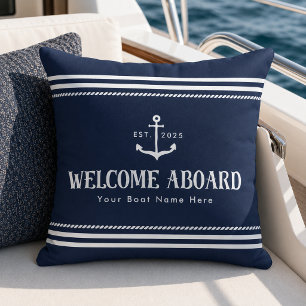Coussin Bienvenue à bord sur bateau rayé bleu personnalisé