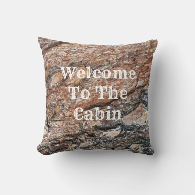 Coussin Bienvenue à Cabine Tree Bark Photo Rustic Nature (Recto)