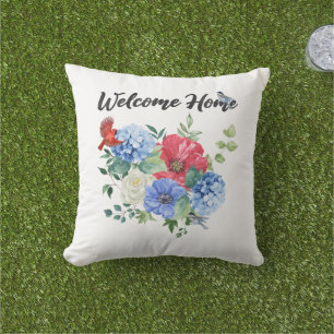 Coussin Bienvenue à la maison avec des fleurs et des oisea