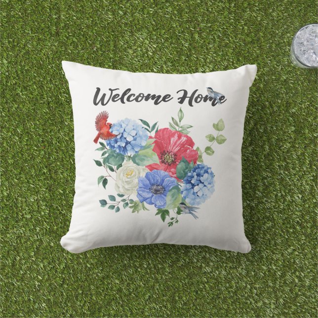Coussin Bienvenue à la maison avec des fleurs et des oisea (Herbe)