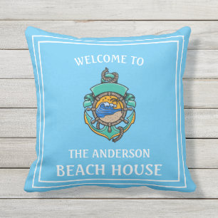 Coussin Bienvenue À N'Importe Quel Nom Beach House Sky Bl