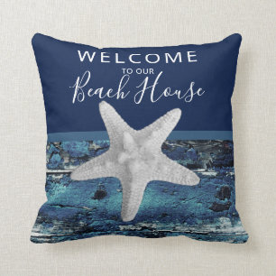Coussin  Bienvenue à notre Beach House Rustic Nautical Nav